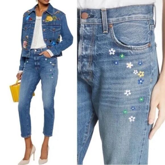 Alice & Olivia Floral Embroidered Jeans High Rise Girlfriend Slim 28 - Picture 3 of 13